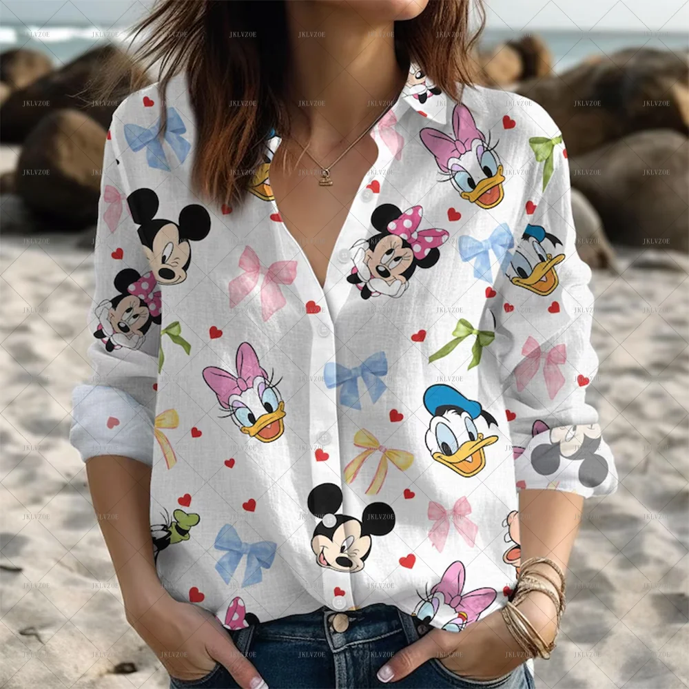 

Льняная рубашка с Микки друзьями, женская рубашка с бантом Минни, кокетка, рубашка с длинным рукавом, Повседневная пляжная гавайская рубашка с изображением Плутона Дейзи Дональда
