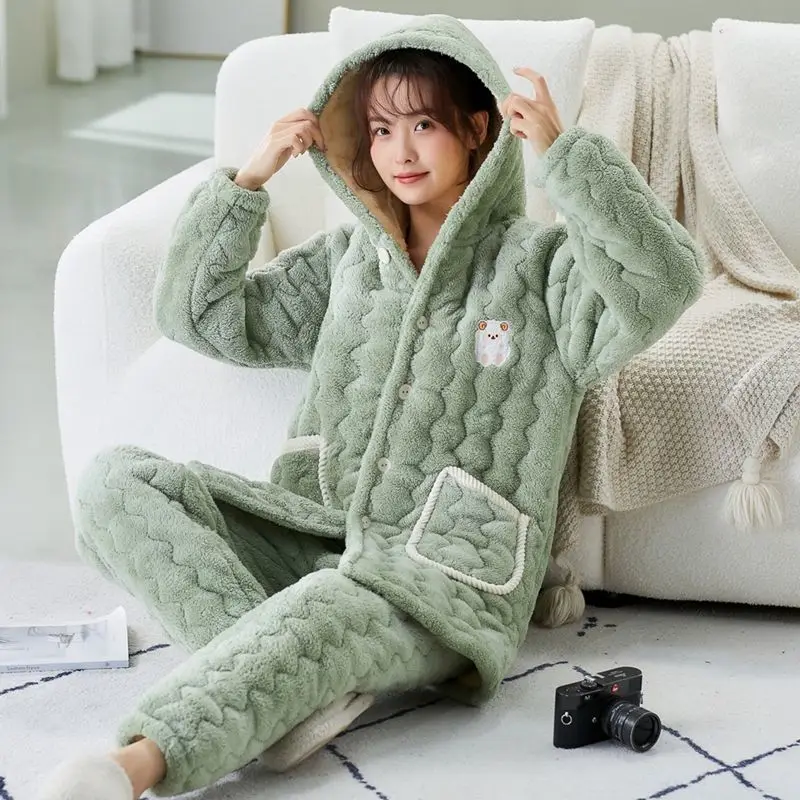 Flannel Three-layer Padded Thickened Pajamas Women's Winter Fleece Coral Fleece Cute Winter Padded Jacket Loungewear Set Comfort