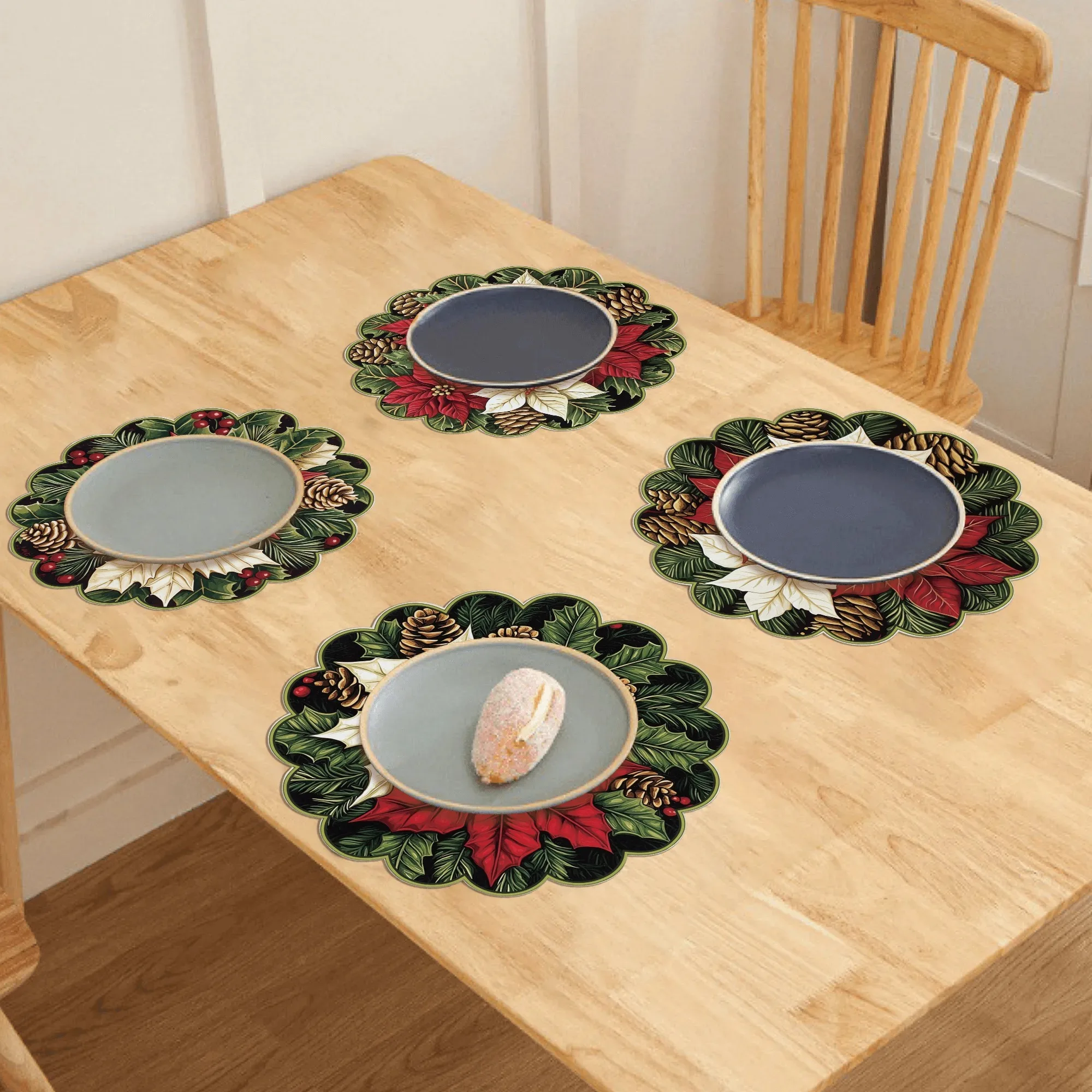 Round Scalloped Christmas Placemats Poinsettia Pinecone Linen Mats Non-Slip Wipe Clean for Vintage Holiday Table Decor