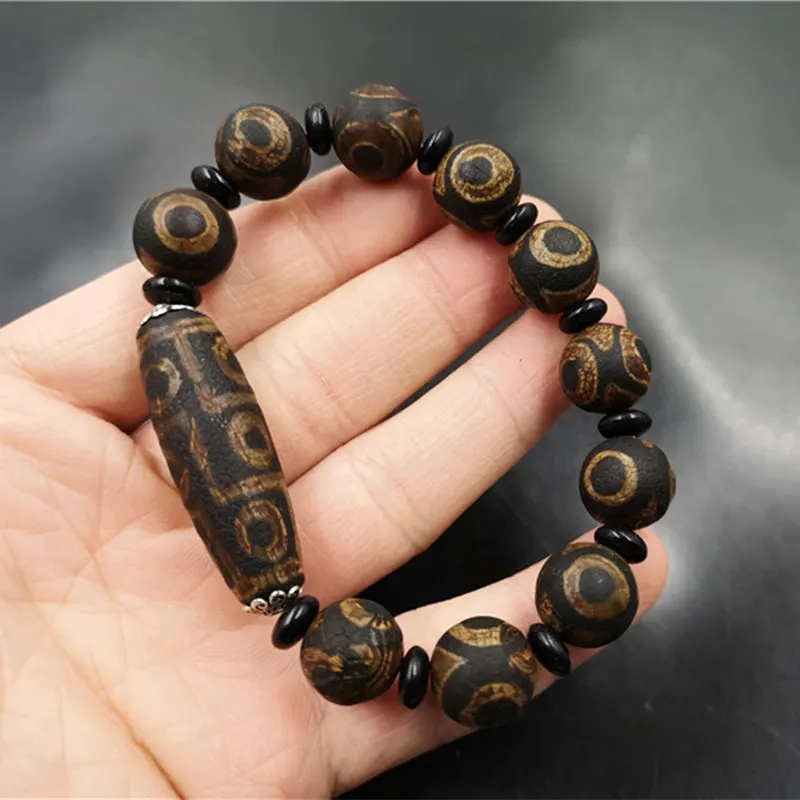 Tibetan-Style Vintage Old Bead Bracelet With Three-Eyed Dzi And Agate Beads