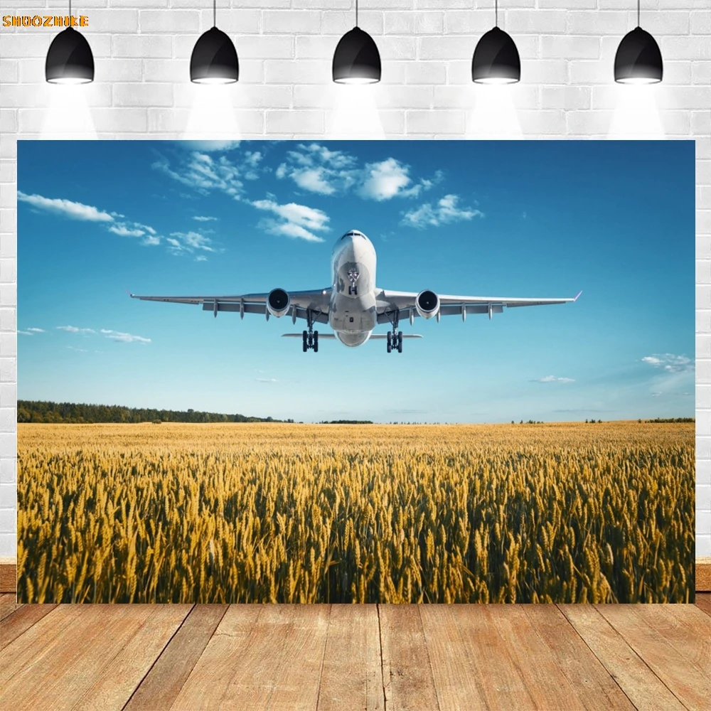 Fondo de fotografía de avión en el cielo, cartel de fiesta de cumpleaños para niño, retrato de bebé, sesión de fotos, fondo de zona fotográfica para estudio fotográfico