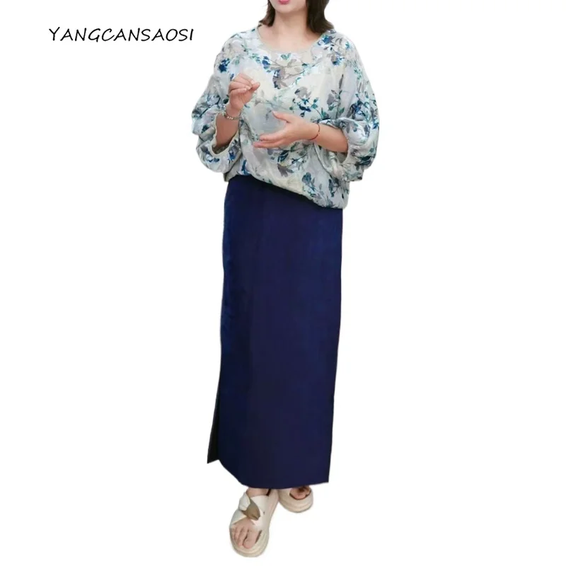 

2025 Women's Fashion Autumn New 100% Natural Mulberry Silk Gambiered Guangdong Gauze Retro Elastic Waist Straight Tube Skirt