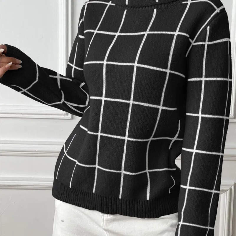 

Color Blocking Checkered High Neck Sweater For Women Pullover Top Autumn Winter New Leisure Long Sleeved Sweater Pulls Femmes