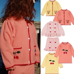 A/W 2024 New Knitted Sweater Dress Set Kids Cherry Embroidered Sweater Pants Set Girs Cute Solid Color Dress