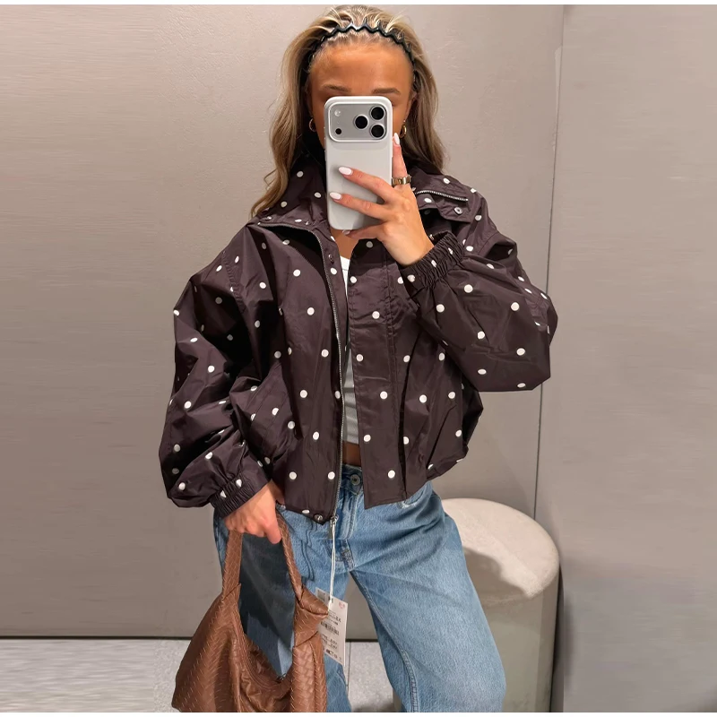 Damen Oversize-Mäntel mit Polka-Dot-Muster, Stehkragen, Langarm, Reißverschluss, Bomberjacken, Herbst, Damen, geraffte, lockere Jacke, neue Oberbekleidung – Detail 10