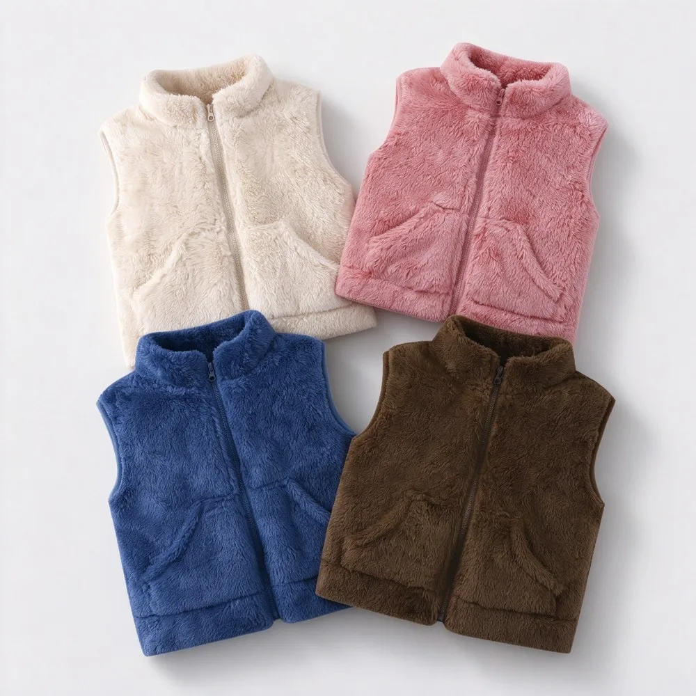 Infant Plush Vest Kids Stand Collar Sleeveless Waistcoat Autumn Winter Thick Warm Baby Gilet For 1-6Y Boys Girls Daily Outfit