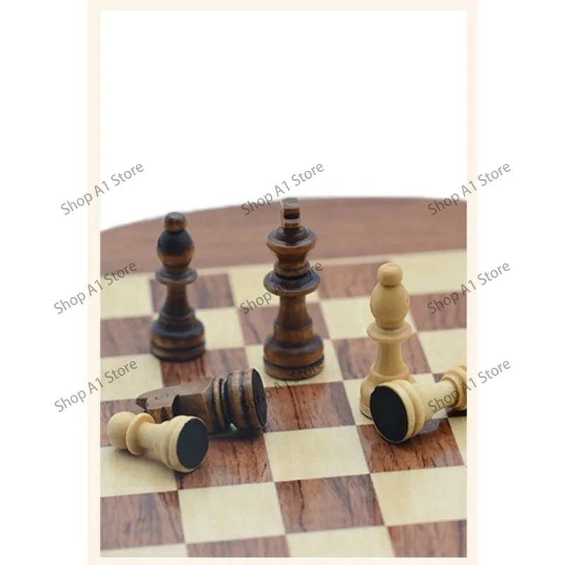 Round Wooden Magnetic Chess Set, Rotatable Drawer Chess Board, Portable Storage Tabletop Board Game for Entertainment