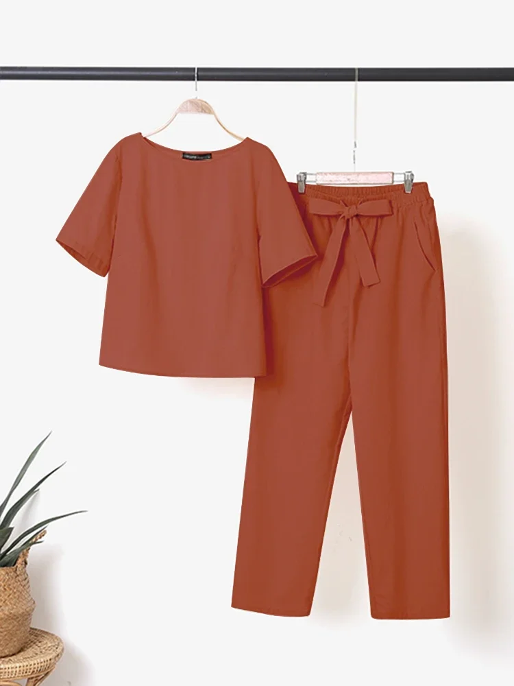 2025 ZANZEA 여름 2PCS 매칭 세트 짧은 소매 블라우스 하렘 바지 세트 여성 의상 캐주얼 솔리드 Tracksuit 두 조각 세트