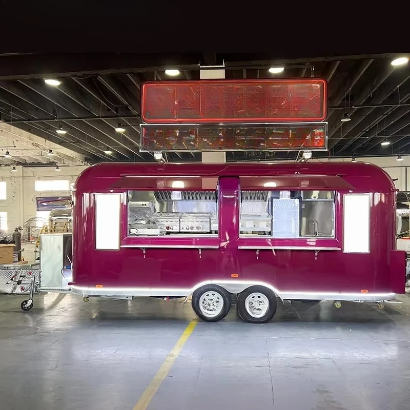 Customized 5.5M Purple Double Axle Fully Equipped Stainless Steel Mobile Food Trailer for Fast Food Snack Beverage Service