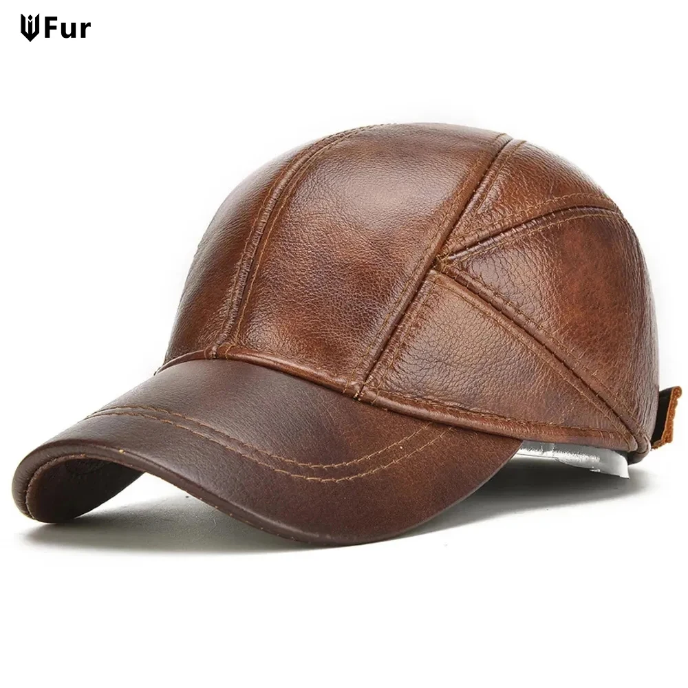 Hot Sale Casual Real Leather Earflap Cap Men Real Cowhide Leather Caps Male Fall Winter Genuine Real Cow Leather Baseball Hats