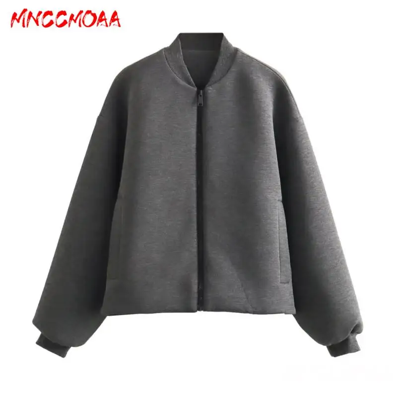 MNCCMOAA-Women\'s Long Sleeve Zipper Bomber Jackets, Loose Coats, Stand Neck, Monochromatic, Casual, Pocket Outwears Fashion 2024