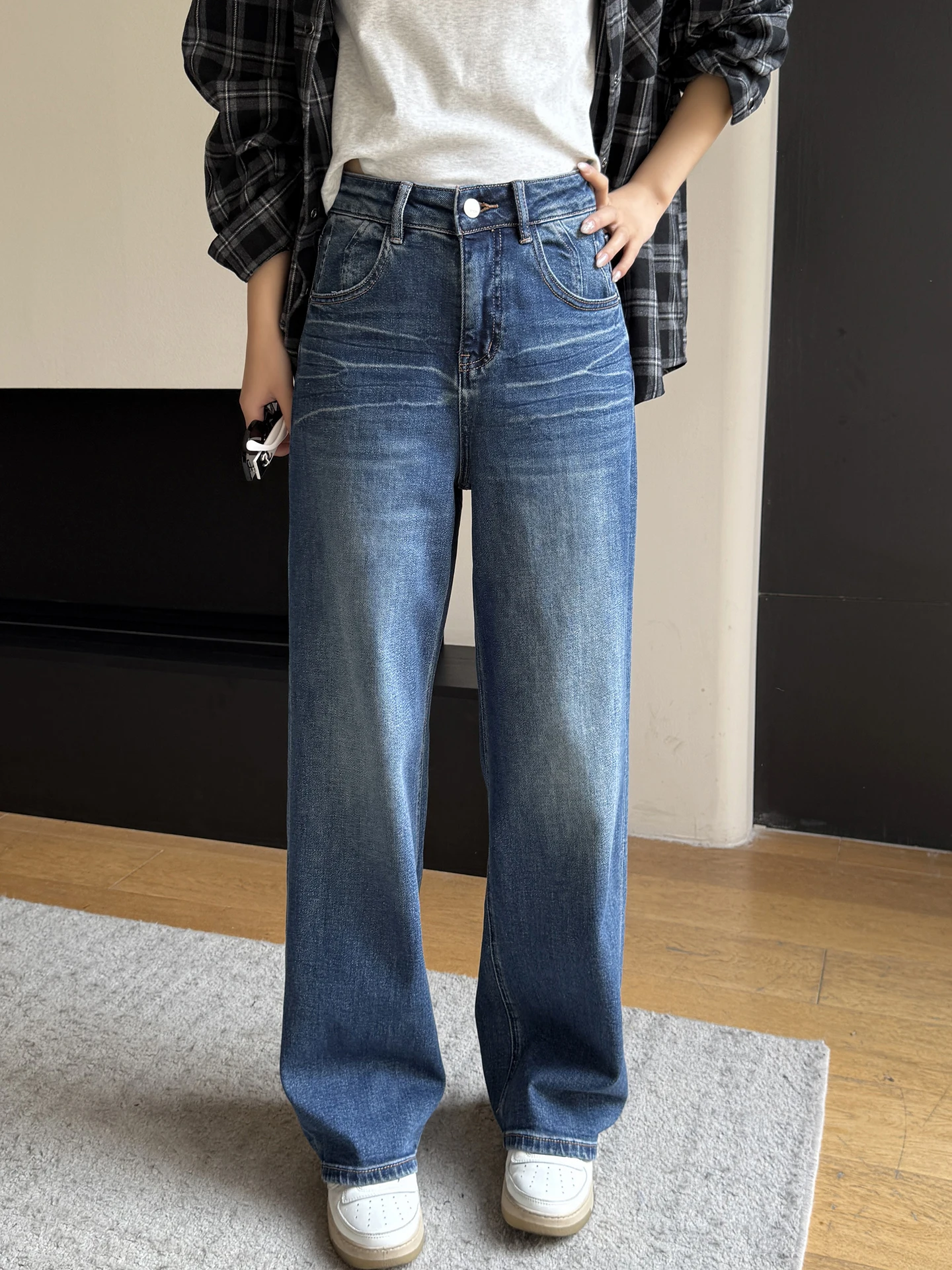 

Синие прямые широкие джинсы женские, весна 2026, новые, свободные, в пол, с высокой талией, корейский стиль, с эффектом похудения, из денима