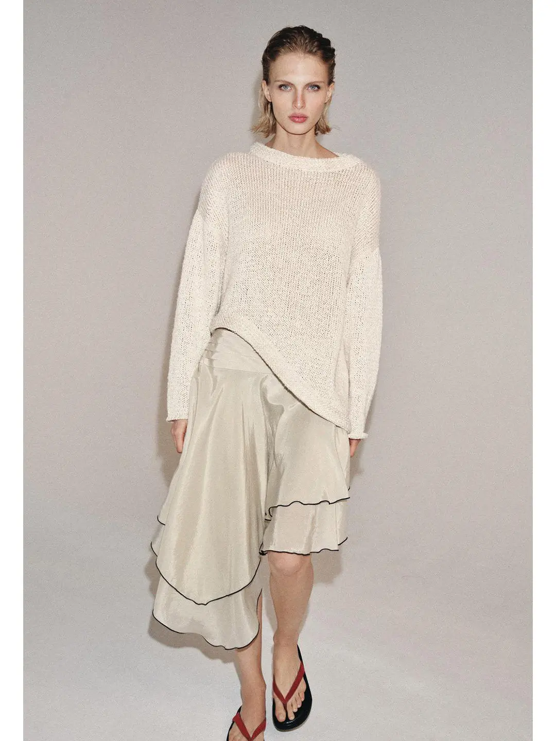

Spring Women's Asymmetrical Hemline Skirt Color Block Trim mid Waist Design Irregular Polyester Fiber City Walk Style Skirt
