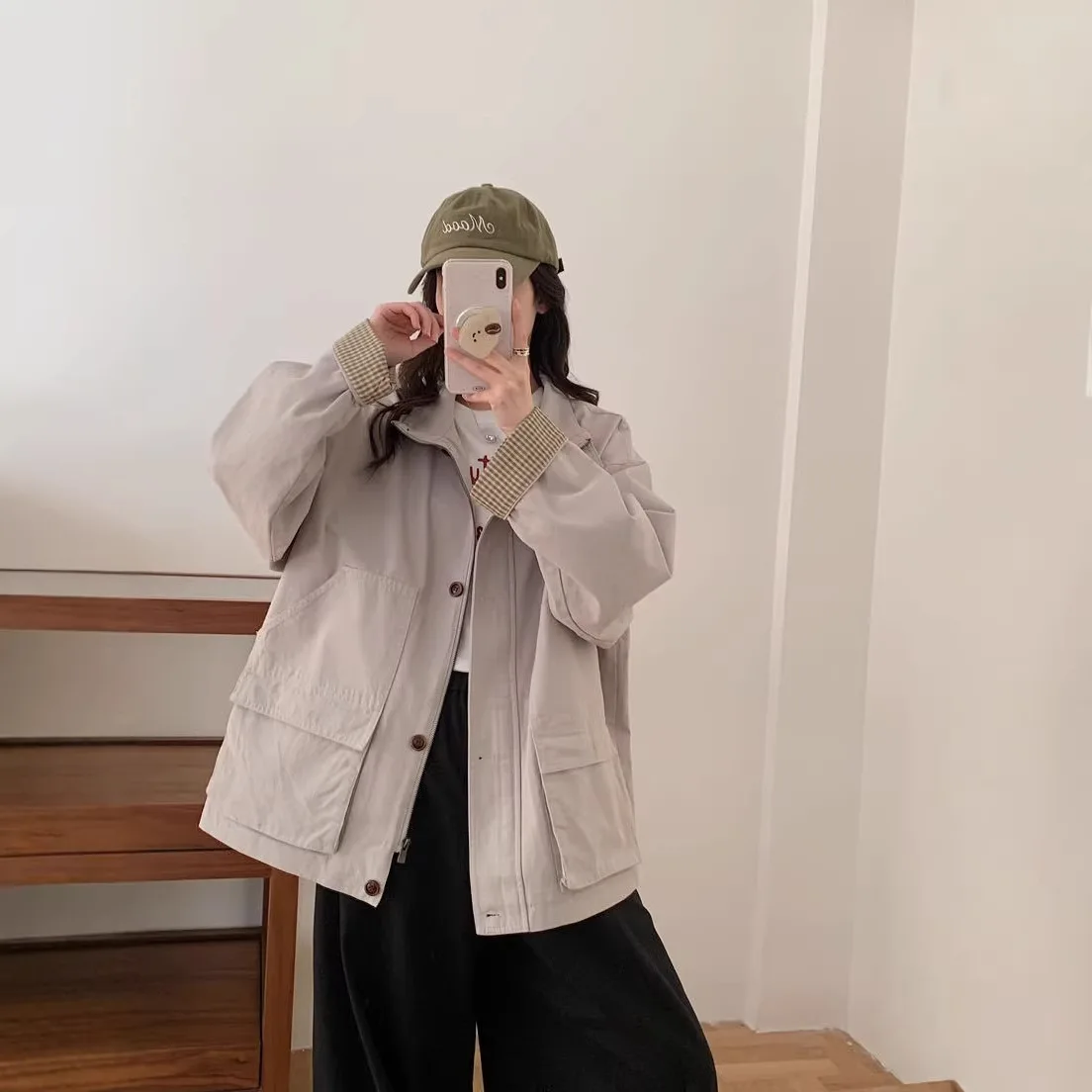 SuperAen Korean-style Retro Turn-down Neck Loose-fitting Casual Plaid Patterned Patchwork Mid-length Coats Women New Tops