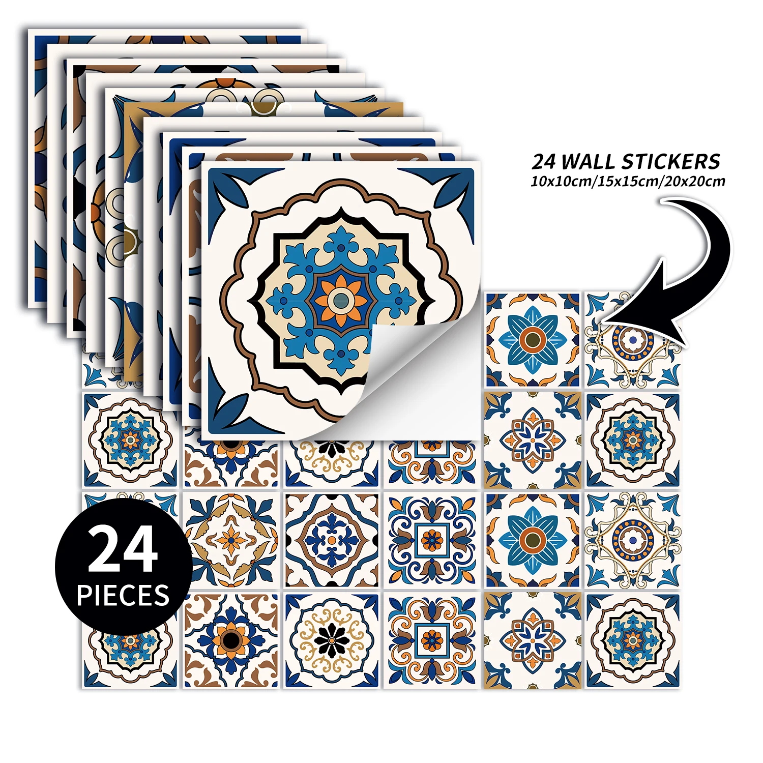 24 pcs/pack, Waterproof and Oil-proof, Easy To Clean, American Country Pattern Self-adhesive PVC Tile Stickers