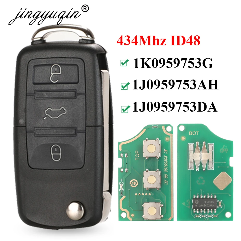 jingyuqin 3 Button Flip Remote Car Key Fob For VW PASSAT Polo Skoda Seat Polo/Golf/Beetle 1J0959753 DA/AH 1K0959753G 434Mhz ID48