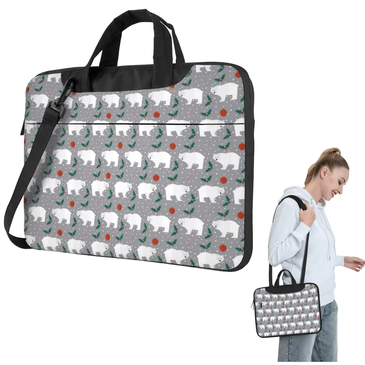 

Christmas Polar Bears On Grey Crossbody Laptop Bag Case Computer Bag Resistant Protective Notebook Pouch for Lenovo