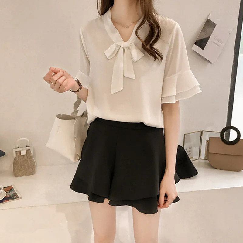 Summer short-sleeved chiffon shirt, women's lace-up Korean shirt and handkerchief, white, apricot and red