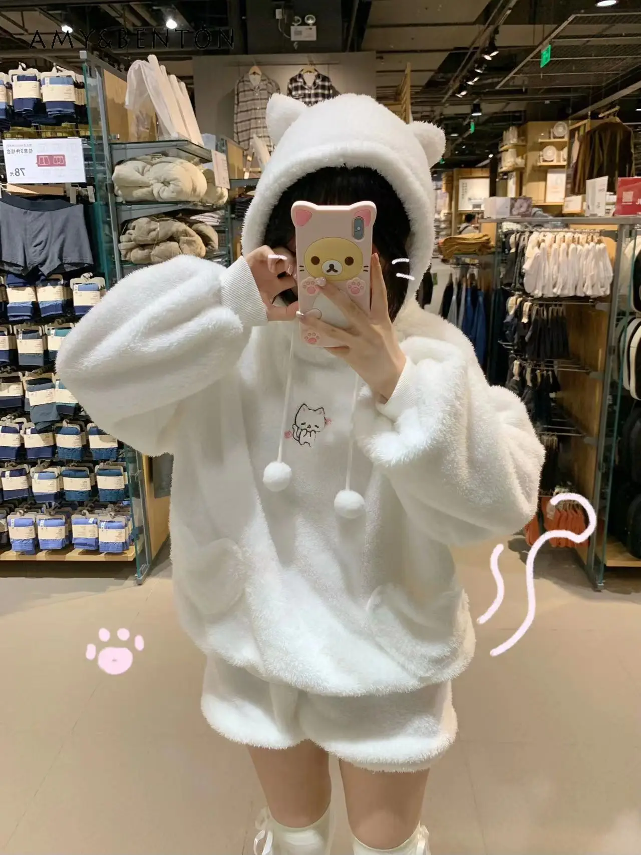 Winter Sweet Cute Printed Double-Sided Plush Pajamas Set Kawaii Embroidery Cat Ear Hooded Sweatshirt Loose Short Sleepwear Women