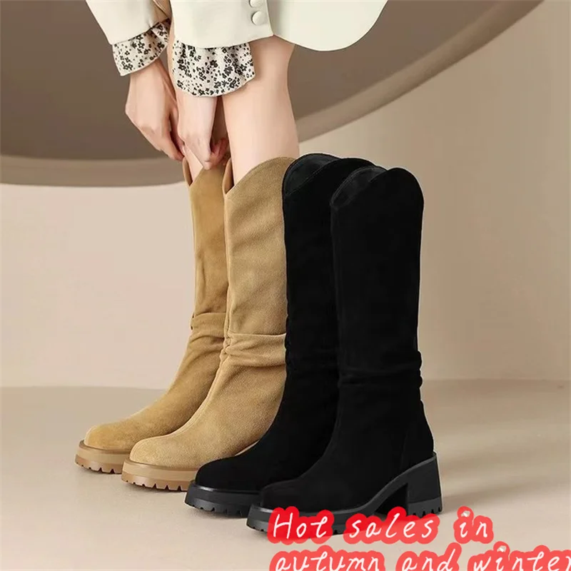 

Long Boots Women's 2023 Autumn/Winter New British Style Round Head Thick Heel Suede Feet Sleeves Fashion Women's Knight Boots