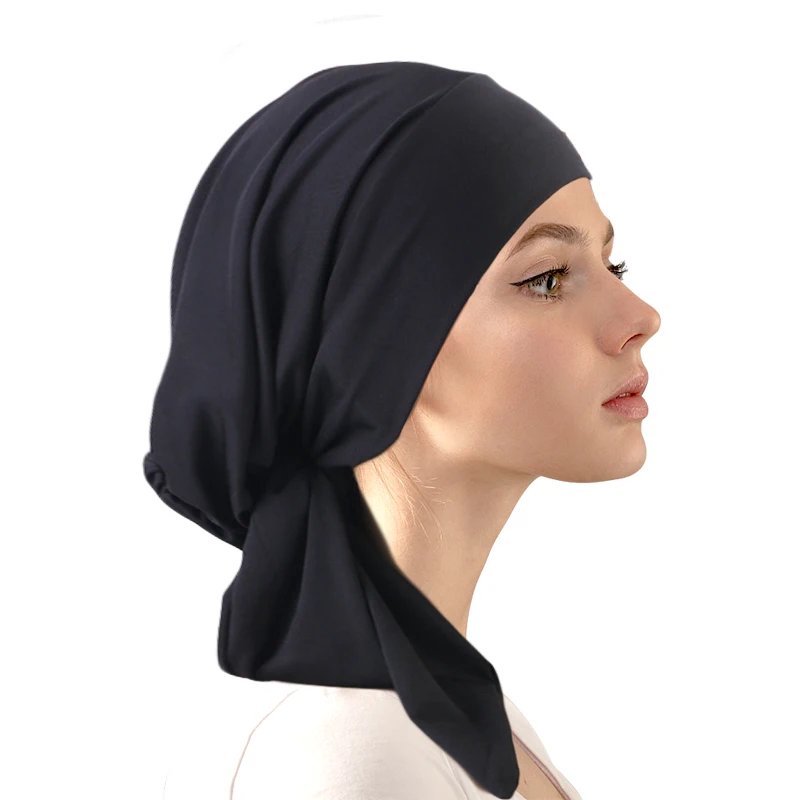 

New Women Stylish Pre-Tied Turban Chemo Cap Muslim Hijab Inner Cap Arab Wrap Head Scarf Beanies Bonnet Long Tail Headscarf Hat