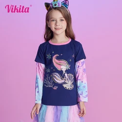 VIKITA Kids T shirt Long Sleeve Children Cotton Casual Mermaid Print Party Princess Daily Tops and Tees Girl Clothes Costumes
