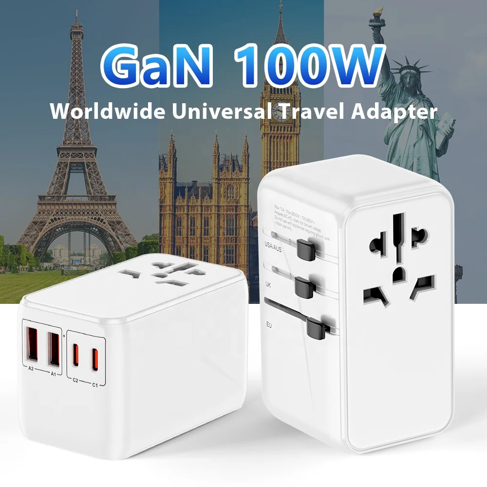 Worldplug Universal World Charger 100W GaN PD Travel Adapter with 4 USB Ports-Worldwide Plug Compatibility