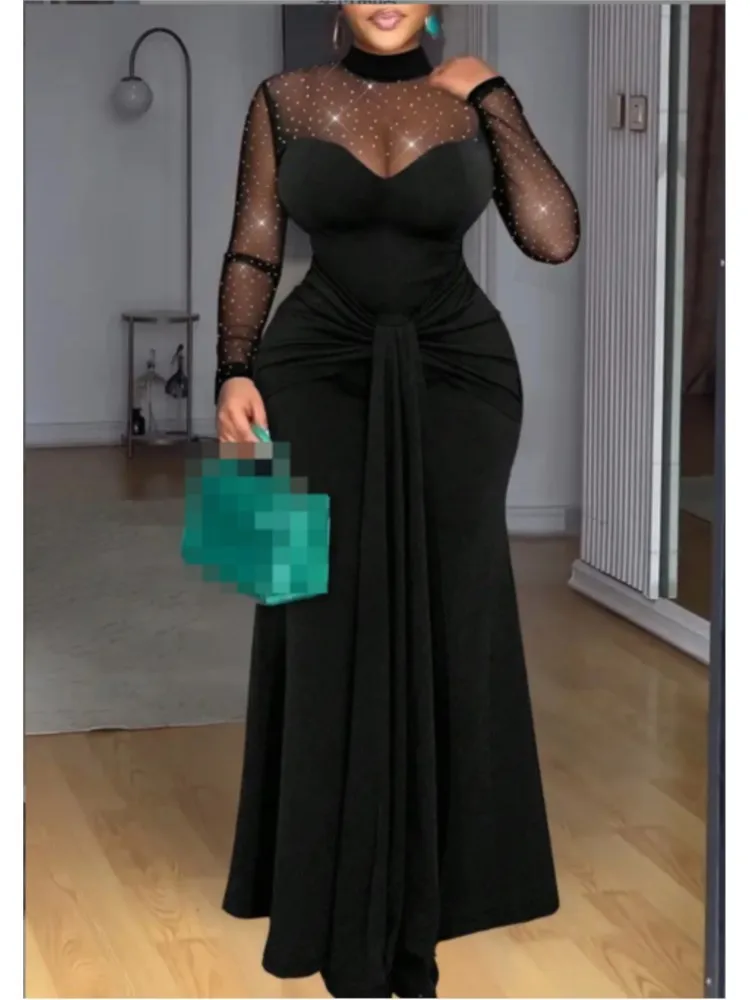 

Casual New Dress Fashion Solid Color Slim Sexy Elegant Evening Dresses High Collar Mesh Stitching Pleated Clothes For Woman