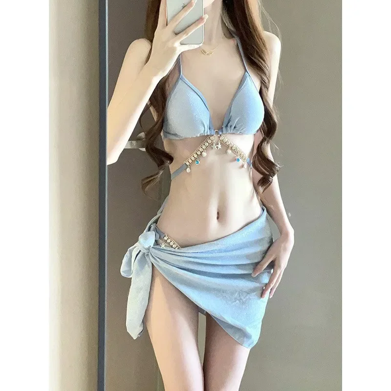 Women 3Piece Rhinestone Chain Bikini Set Light Blue Glitter Halter Triangle Top Side Tie Bottom Wrap Skirt Summer Beach Swimwear