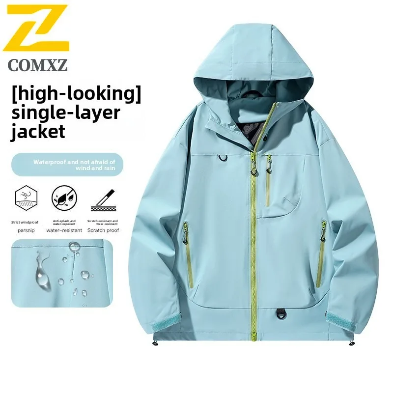 

​Men Outdoor Hiking Jacket Windproof Waterproof Mountain Style Solid Color Windbreaker for Autumn Hooded Camping Climbing​ Coat