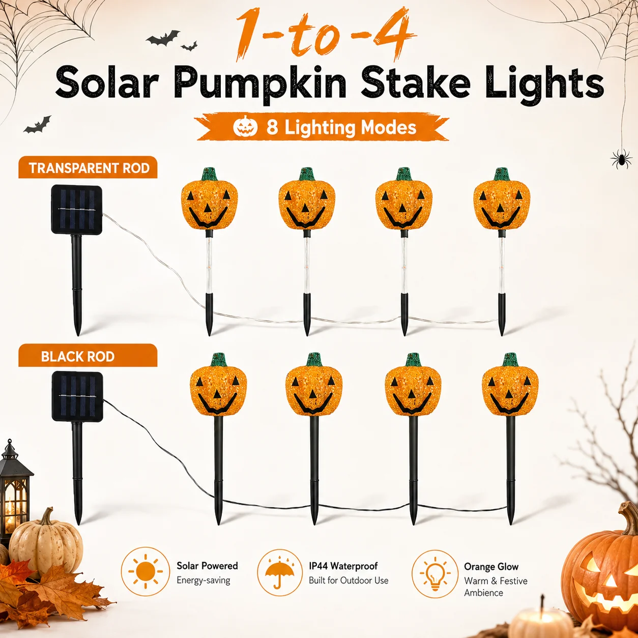 4pcs Halloween Solar Pumpkin Stake Light LED Jack O Lantern Garden Pathway Lamp Ideal For Outdoor Yard Lawn Spooky Party Decor