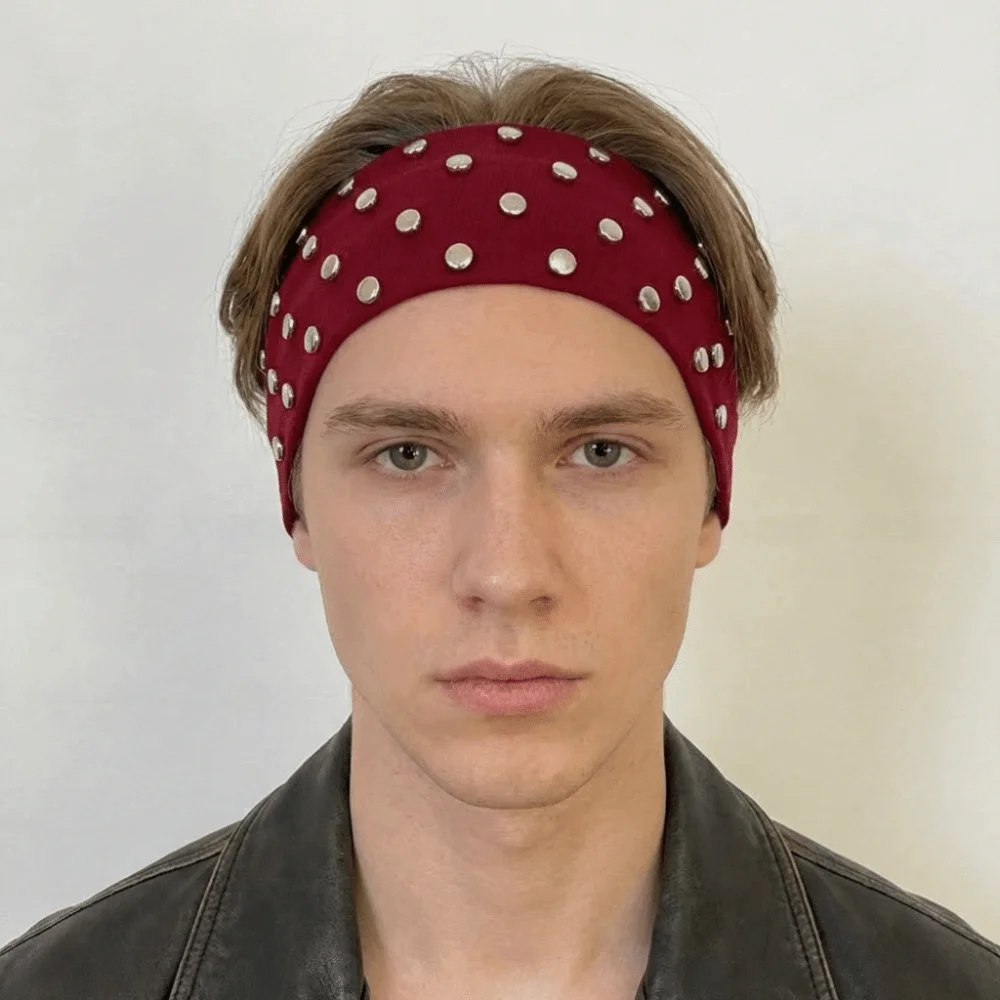 

Breathable Korean Style Rivet Headbands Wide Soft Punk Headwrap Gothic Solid Color Elastic Hair Band Headwear
