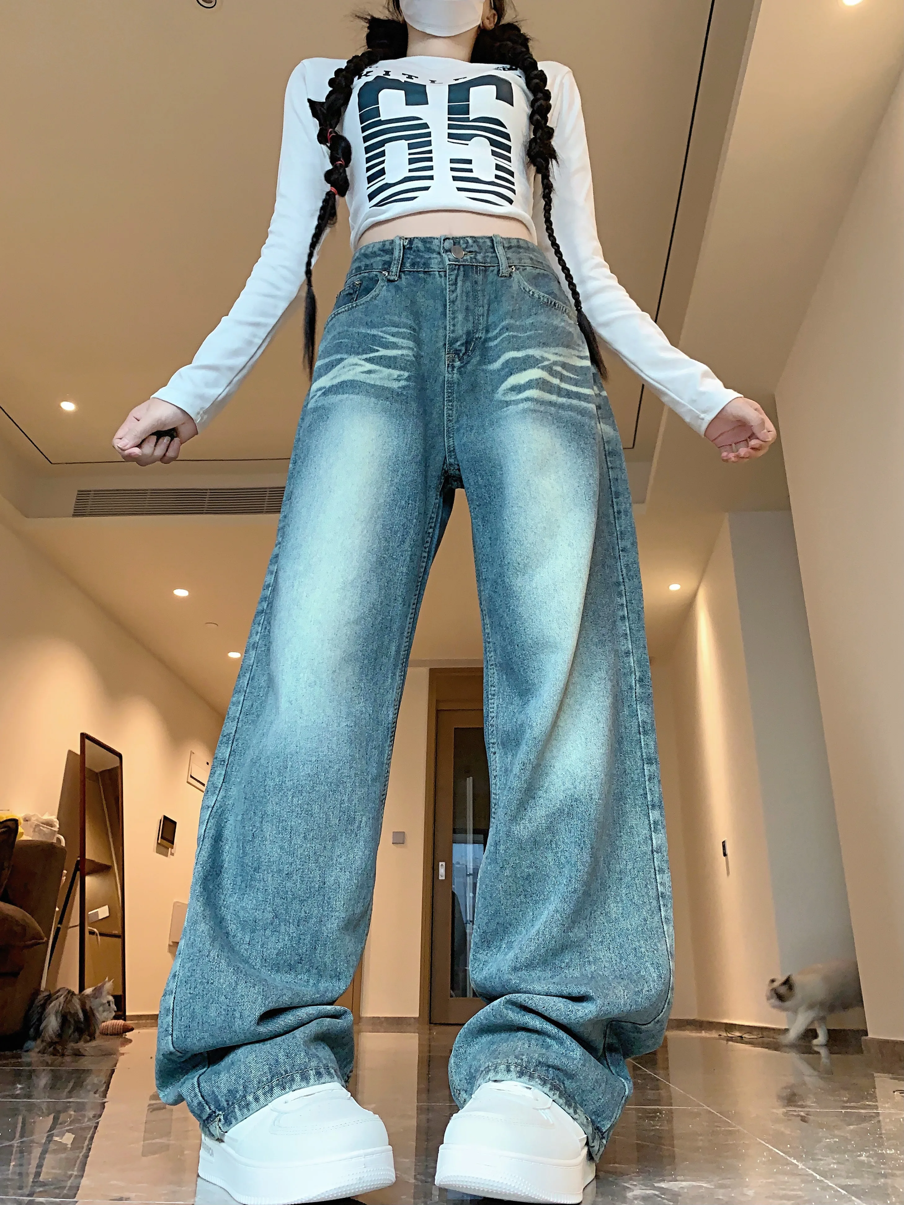 워싱 레트로 스트레이트 와이드 레그 진 신상 여성용 루즈핏 브러쉬드 스트레이트 팬츠