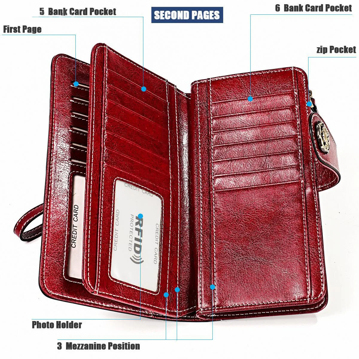 Women\'s Leather Wallet Large Capacity Zipper Purse Multifunctional Phone Bag Card Case Long Wallet Retro Clutch Bag For Female