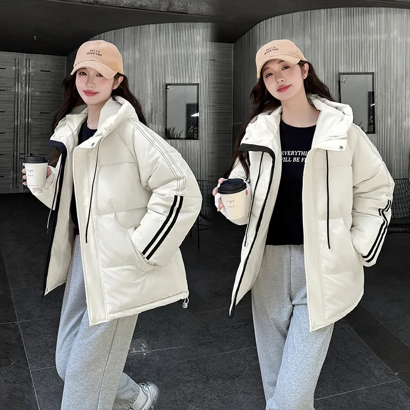 Protection Against Cold Overcoat 2025 New Winter Warm Hooded Stripes Women Cotton Jacket Thick Fashion Women Cotton Jacket
