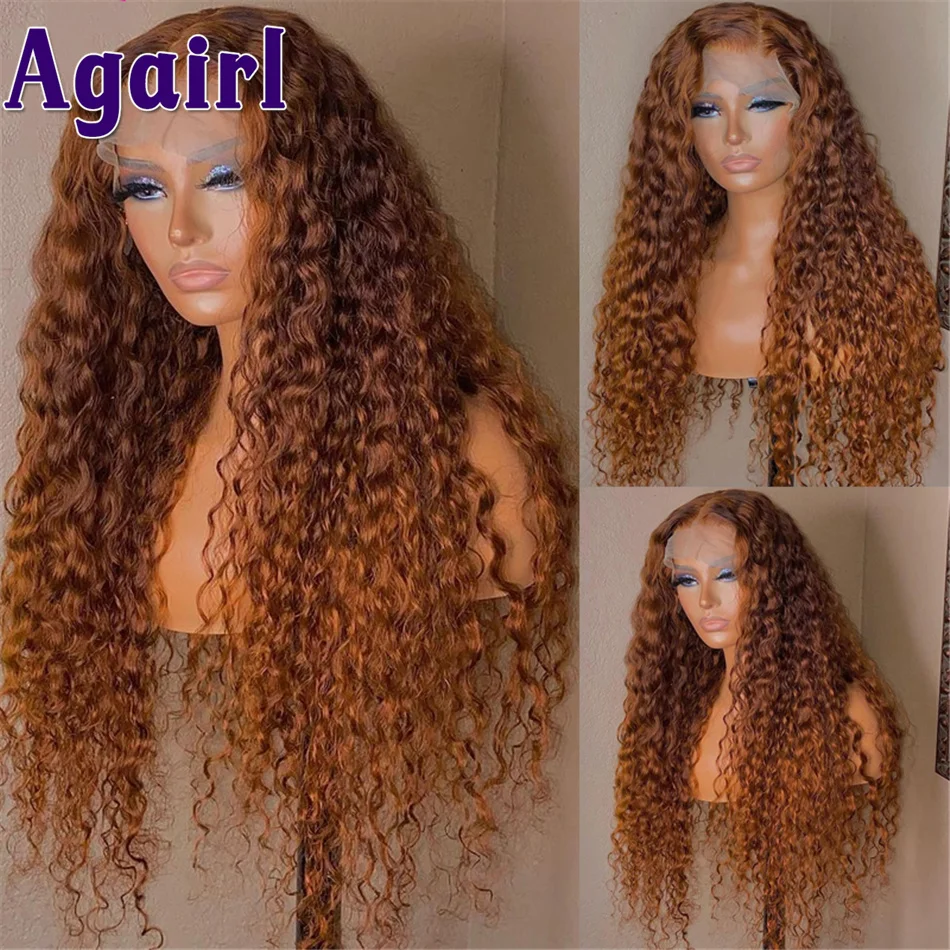 Wig depan renda air 32 30 inci Wig Ombre jahe coklat keriting 5X5 Wig rambut manusia renda transparan 13x4 13X6 Wig Frontal