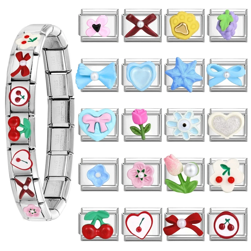 

Sweet Cute Resin Bow Knot Heart Cherry Flowers Italian Charm Links Fit 9mm Stainless Steel Bracelet Jewelry DIY Making Gift