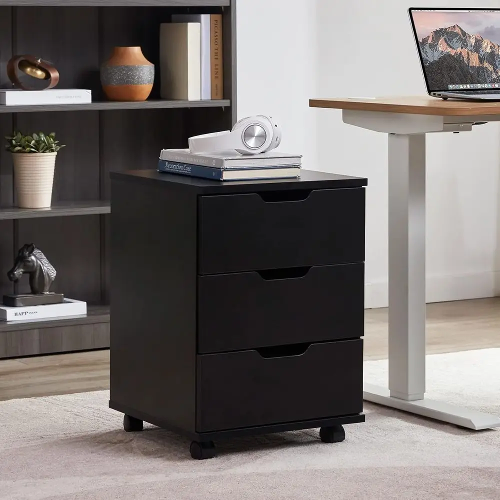 خزانة تخزين خشبية للمكتب المنزلي بثلاثة أدراج مع قفص مكتب باللون الأسود