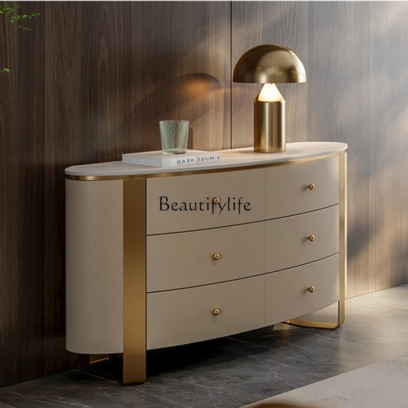

Italian light luxury rock slab dining side cabinet stainless steel entrance simple modern small size circular arc six-bucket