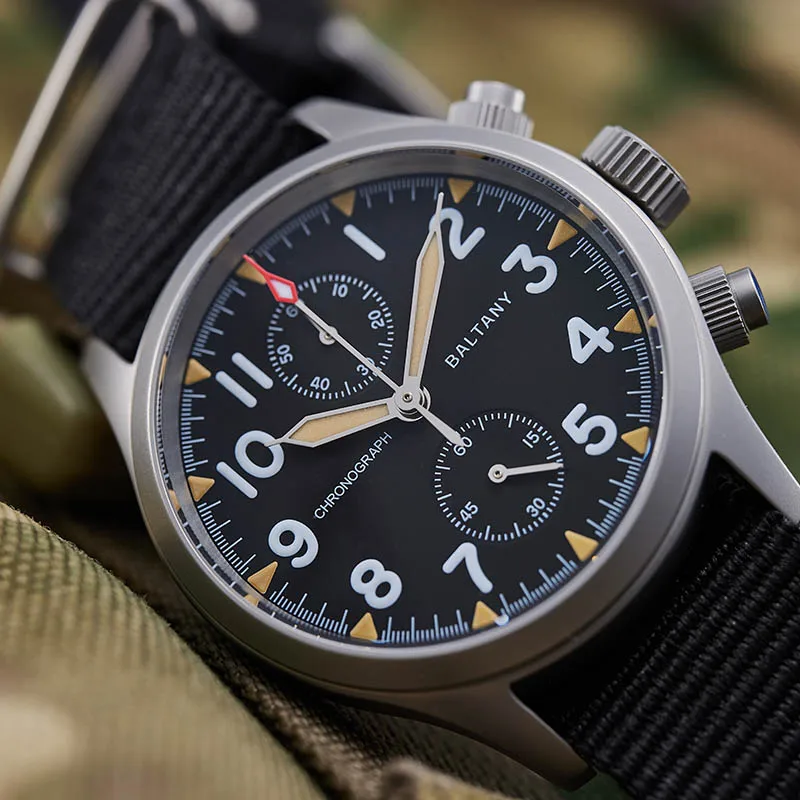 Baltany Military Chronograph Wristwatches Subsecond Dial Sapphire Luminous 100ATM Stainless Steel Quartz Movement Pilot Watches