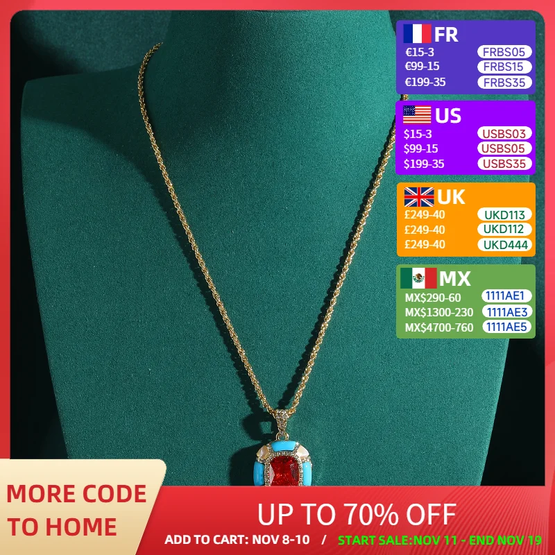 

Vintage Jewelry Pendant Necklace Designer Blue Enamel Red Glass Square Hanging French Style Party Woman Luxury Charm Accessories