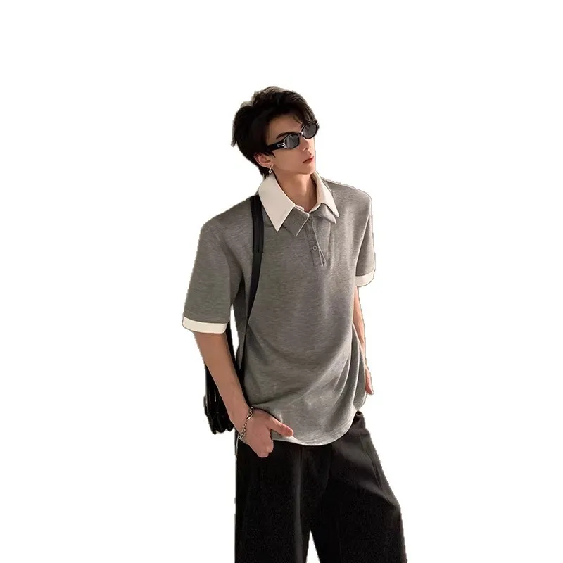 Men's Fake Two-Piece Double Collar Shoulder Pads Short Sleeve T-Shirt American Heavyweight Lapel Regular Fit Shoulder Polo Shirt