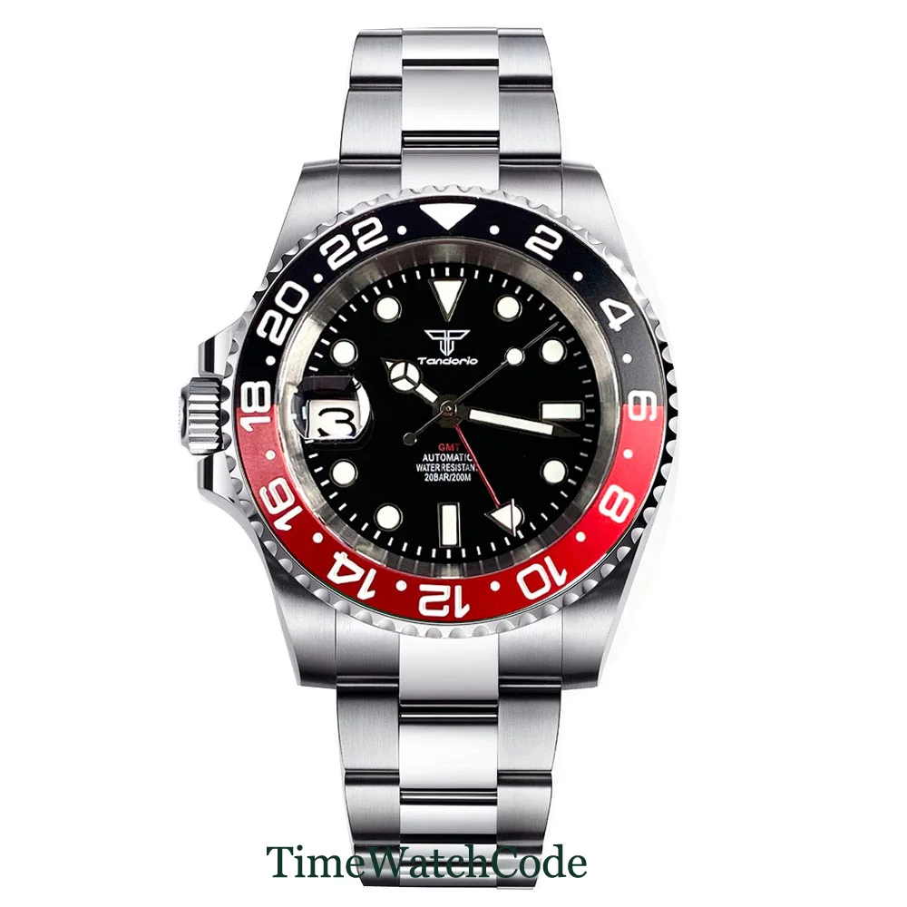 Tandorio 40mm NH34 Movement Automatic Watch For Men Left Handed GMT Function Black Dial Sapphire Crystal Auto Date 316L Bracelet