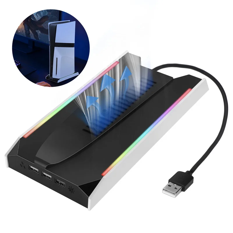 

For PS5 Slim/PS5 Pro Vertical Cooling Stand Base RGB VR Headset Controller Charger Dock Station W/ 3-Speed Cooling Fan For PS5