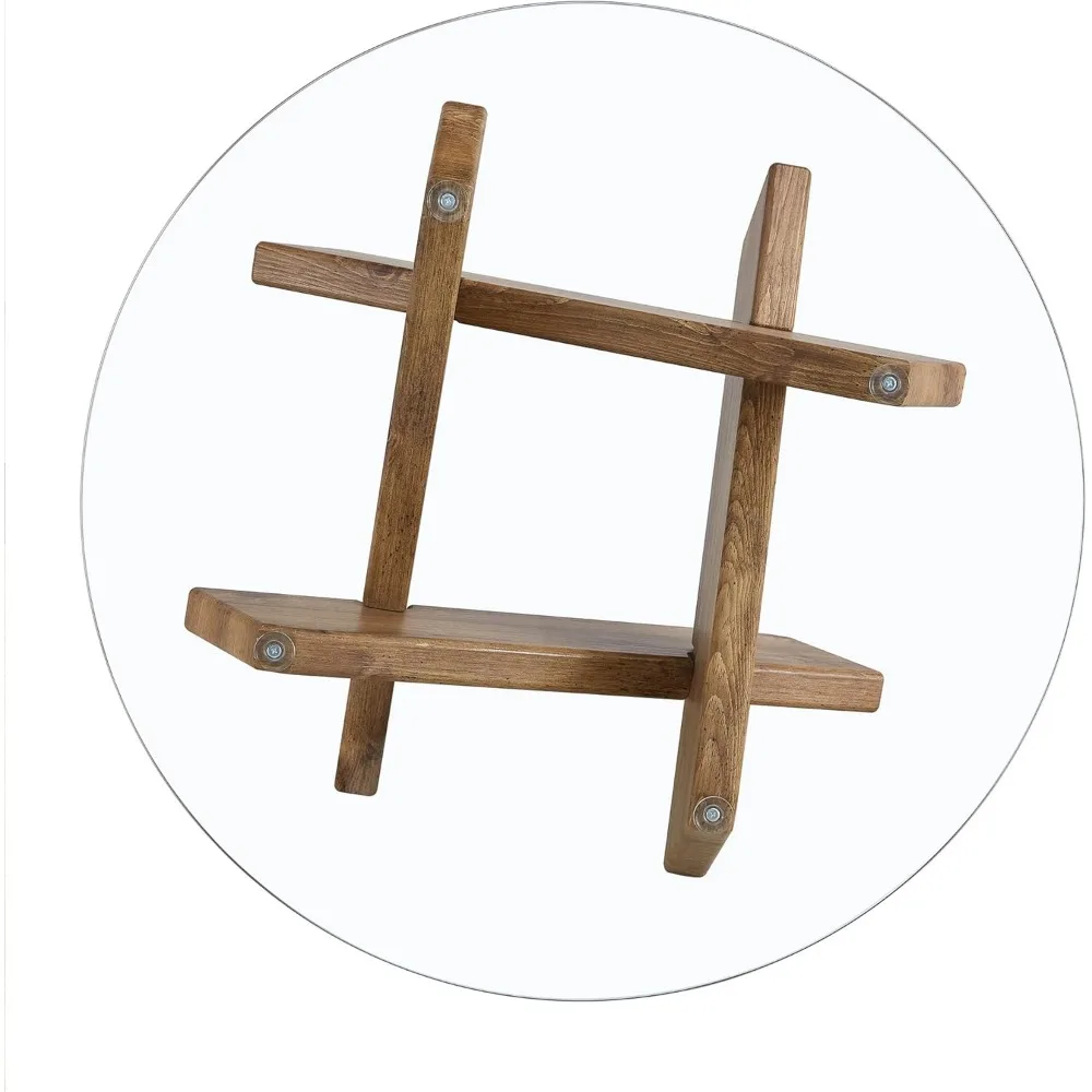 Tavolino da caffè rotondo moderno della metà del secolo con piano in vetro e base con finitura in legno, tavolino da caffè circolare da 33,4 pollici, unico