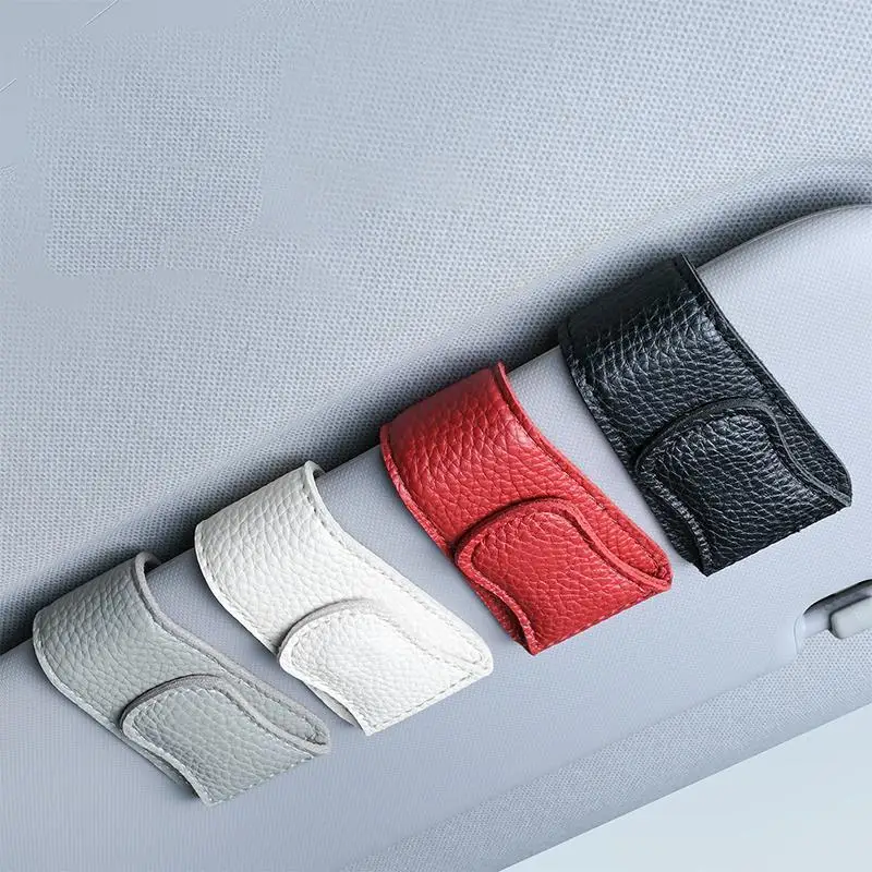 Car Sun Visor Glasses Clip, Magnetic Leather, One-Hand Operation, No-Damage Install, Fits All Vehicles, Eyeglass & Card Holder