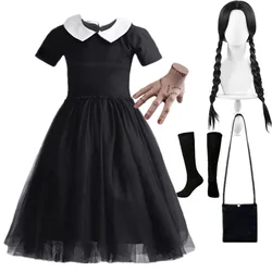 Wednesday Dress for Girls 3-10 Yrs Children Halloween Carnival Cosplay Costume Gothic Theme Birthday Party Black Fluffy Dress