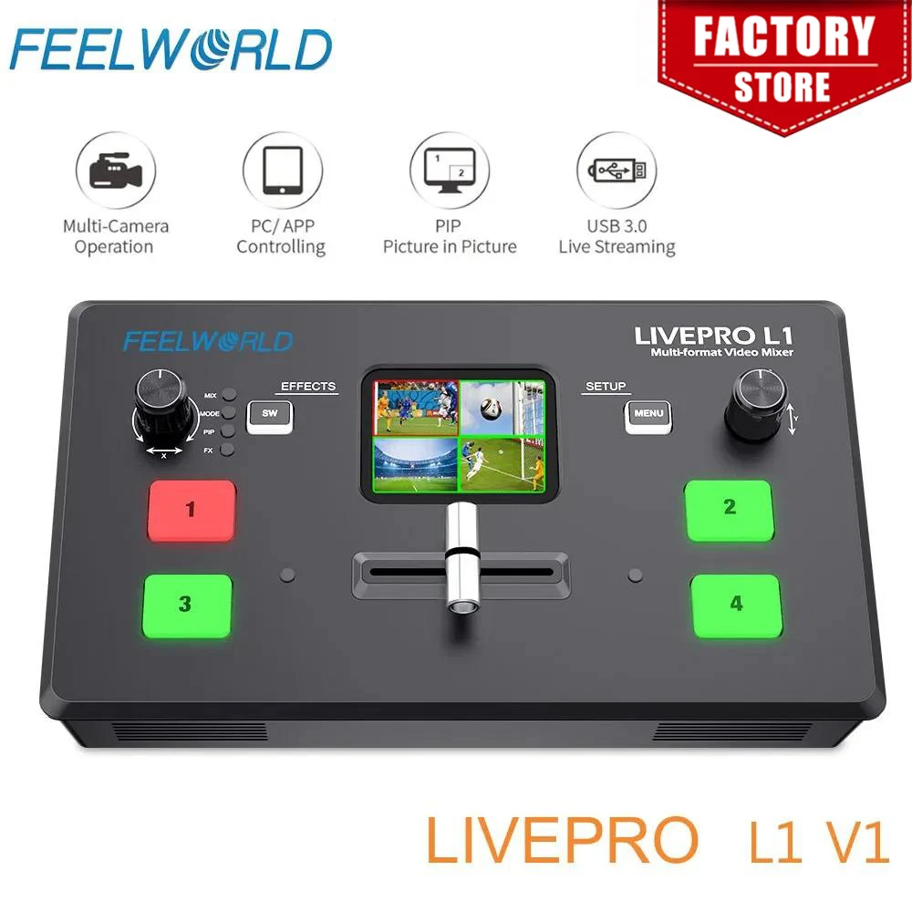 

Feelworld Livepro L1 Video Switcher Multi-Format Video Mixer Real Time Live Streaming Brocasting Studio Record Switcher