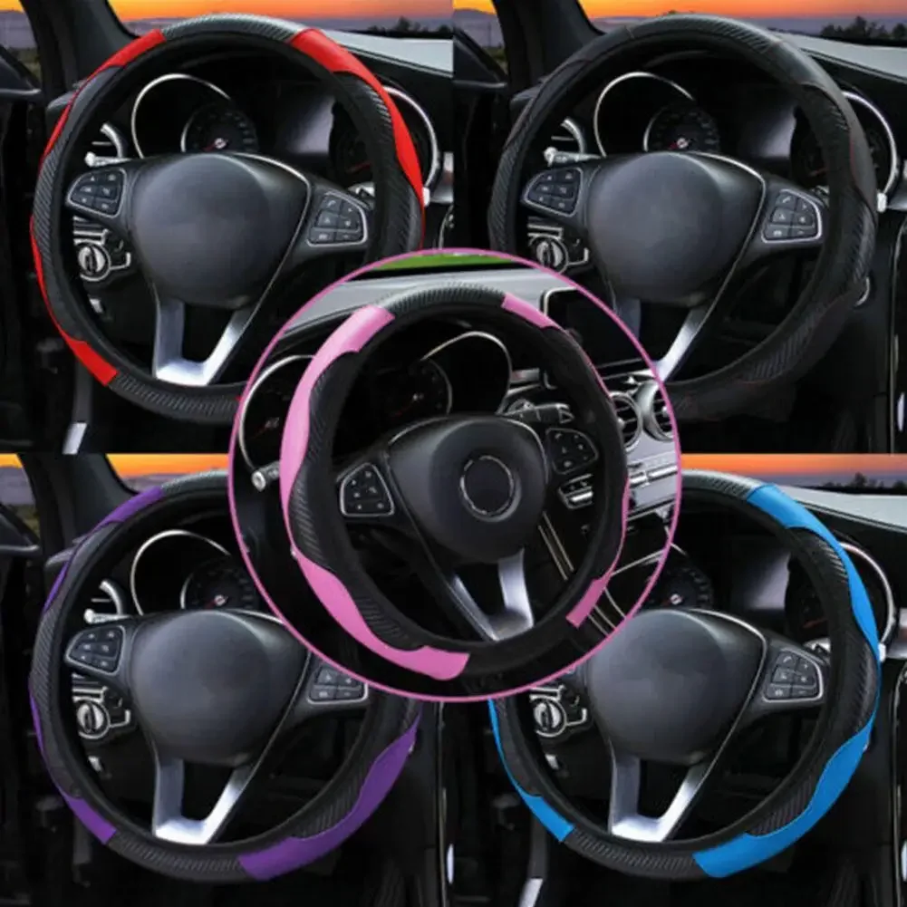 

NEW Car 37-38.5cm Steering Wheel Cover Breathable Anti Slip PU Leather Steering Covers Suitable Auto Decoration Carbon Fiber
