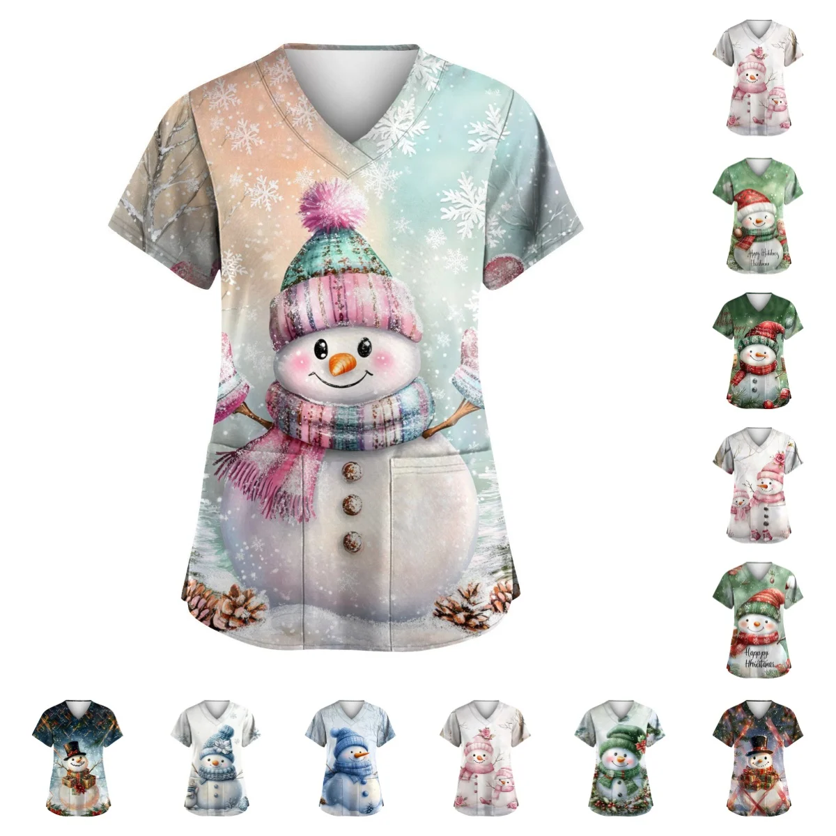 

Christmas Holiday Cute Snowman Print Scrubs Medical Uniform, High-Quality And Durable Clothing Material Short Sleeved V Neck Poc